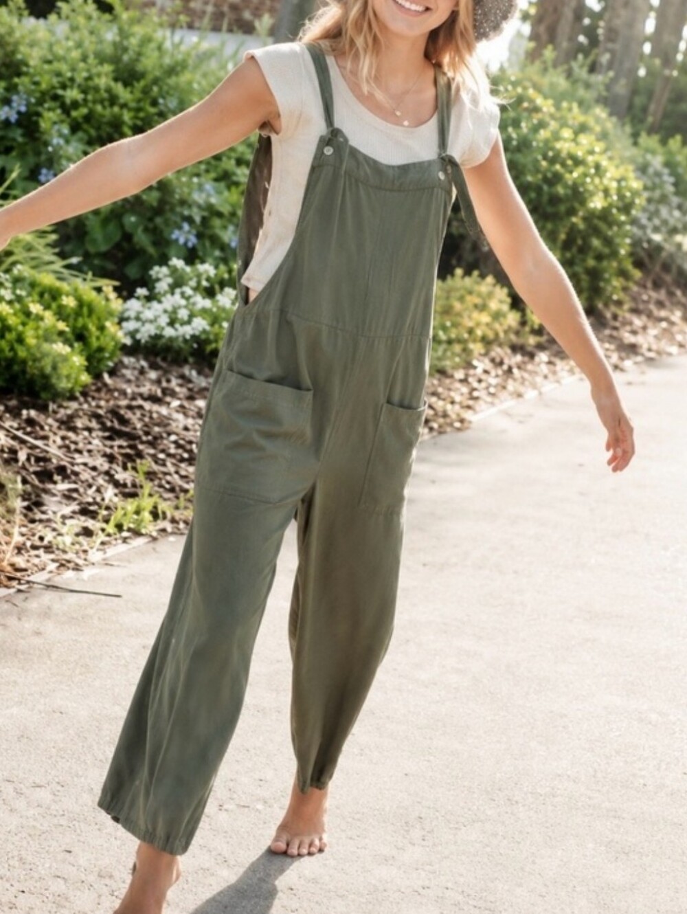Natural Life Olive Green Linen Blend Lagenlook Slouchy Square Neck Jumpsuit L